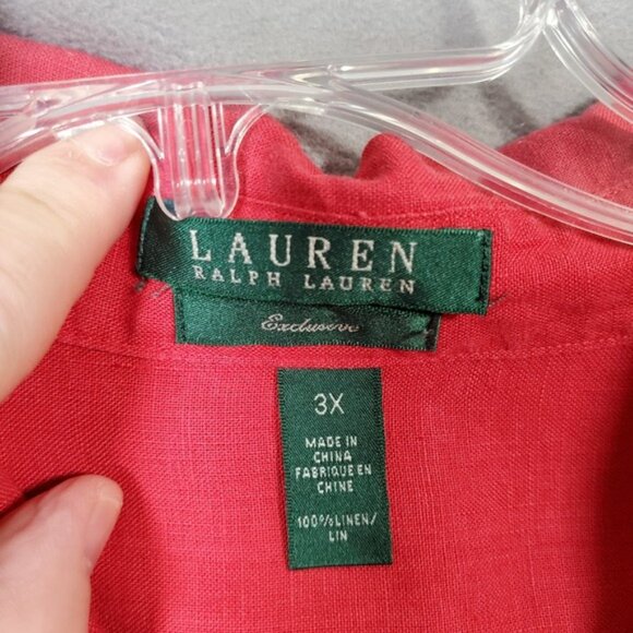 Lauren Ralph Lauren Top Womens 3X Red 100% Linen Button Roll Tab Sleeve Minimal - Picture 6 of 9